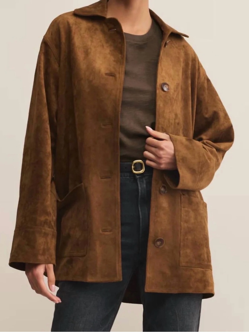 Z Supply Suede Button-Front Jacket in Chestnut Brown